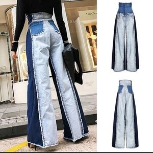 Ursime Colorblock Patchwork Raw Hem Wide Leg Jeans Bohemian Medium